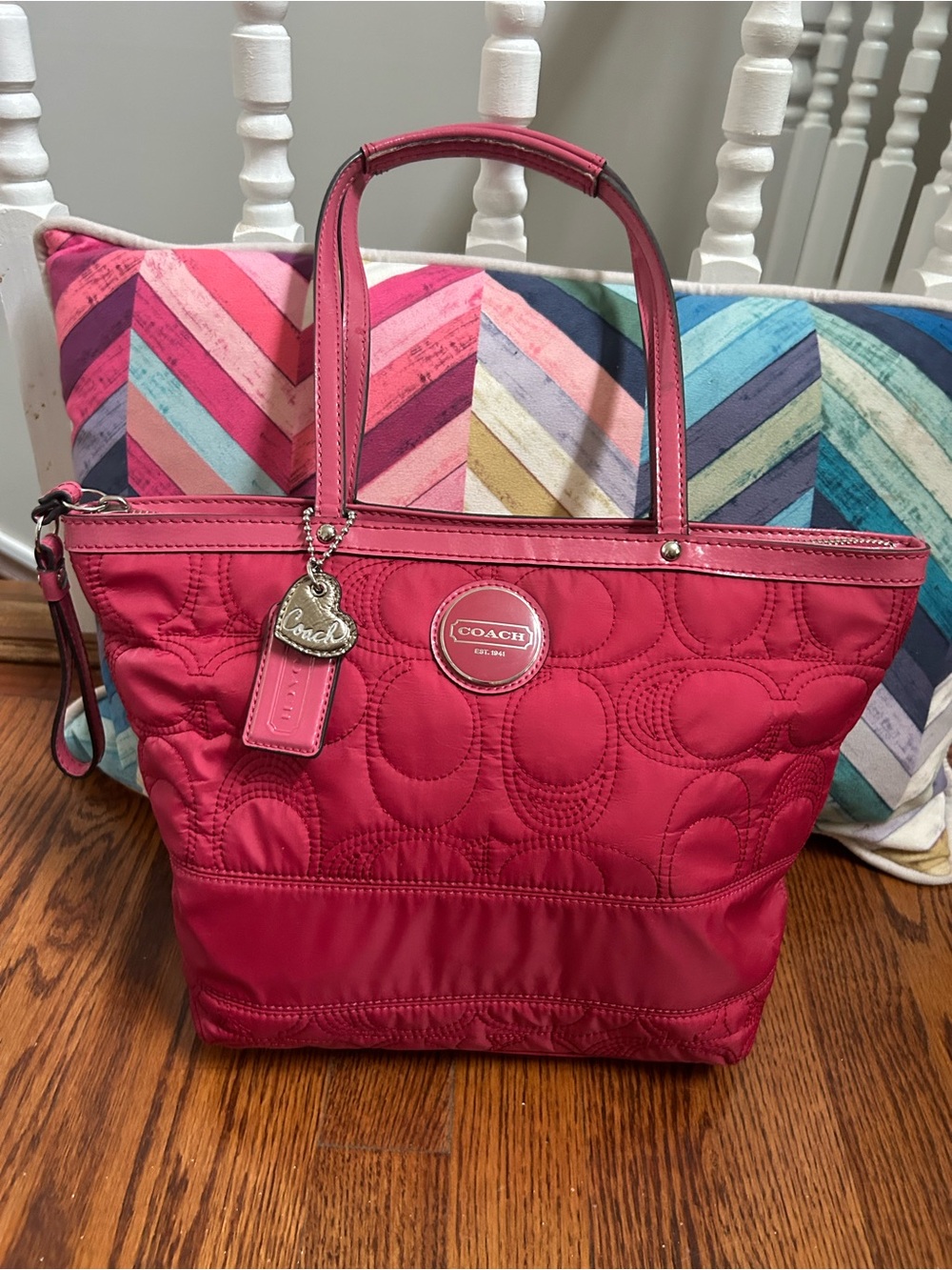 Coach Signature Stitched Nylon Tote Pink Patent Leather Shoulder Bag 17668